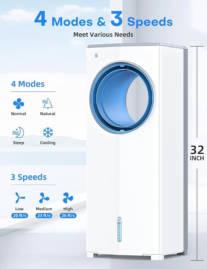 Windowless Air Conditioner, 27" Bladeless Evaporative Air Cooler with 4 Modes & 3 Speeds, Double Tanks, 4 Ice Packs, 25FT Remote,7H Timer, Portable Swamp Cooler Air Conditioner No Window Needed