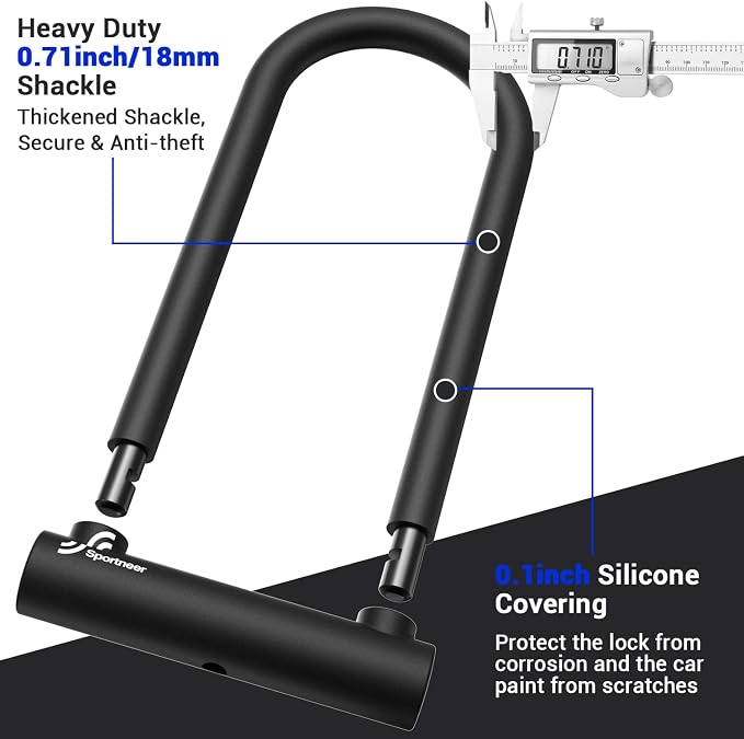 Sportneer Bike U Lock - 18mm Shackle Heavy Duty Anti Theft Bike Locks with 3 Keys - Bicycle U-Locks with Sturdy Mounting Bracket for Road, Mountain, Electric & Folding Bike, Size 11.5''x6.25''