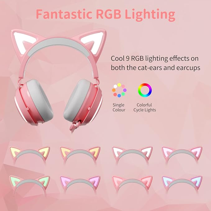 EASARS Pink Gaming Headset GS510, Wired, Over Ear, Cat Ear Design with RGB Lighting, 7.1 Surround Sound, Retractable Mic, Compatible with PC, PS4, PS5