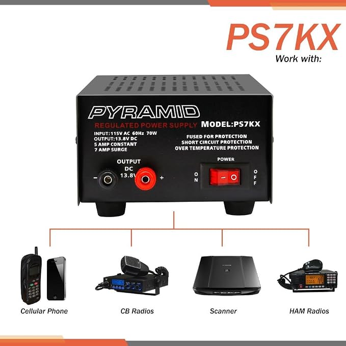 Pyramid Universal Compact Bench Power Supply - 5 Amp Linear Regulated Home Lab Benchtop AC-to-DC 12V Converter w/ 13.8 Volt DC 115V AC 70 Watt Power Input, Screw Type Terminals, Cooling Fan - PS7KX