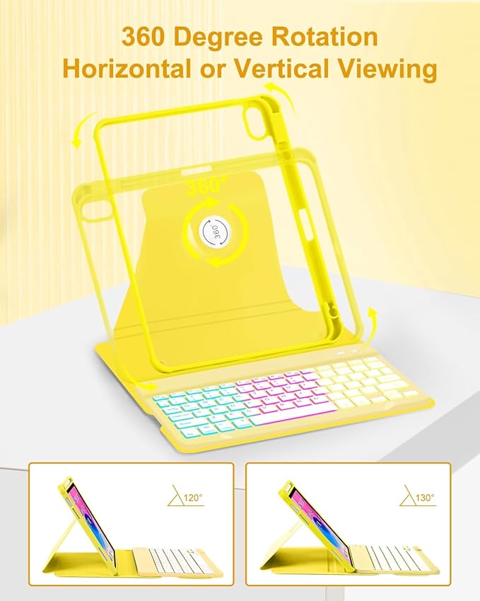 EAMPANG Case with Keyboard Mouse for iPad A16 11th 10th Generation 11/10.9 inch,Rainbow Backlit Detachable Keypad Rotatable Magnetic Cover with Pencil Holder for iPad 11 2025 10 Gen 2022 Yellow
