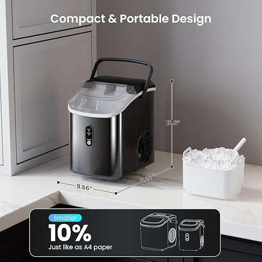 Antarctic Star Nugget Ice Maker Countertop, Chewable Pellet Ice Machine with Self Cleaning Function, Pebble Portable Ice Maker with Ice Scoop for Home Kitchen Office (Black)