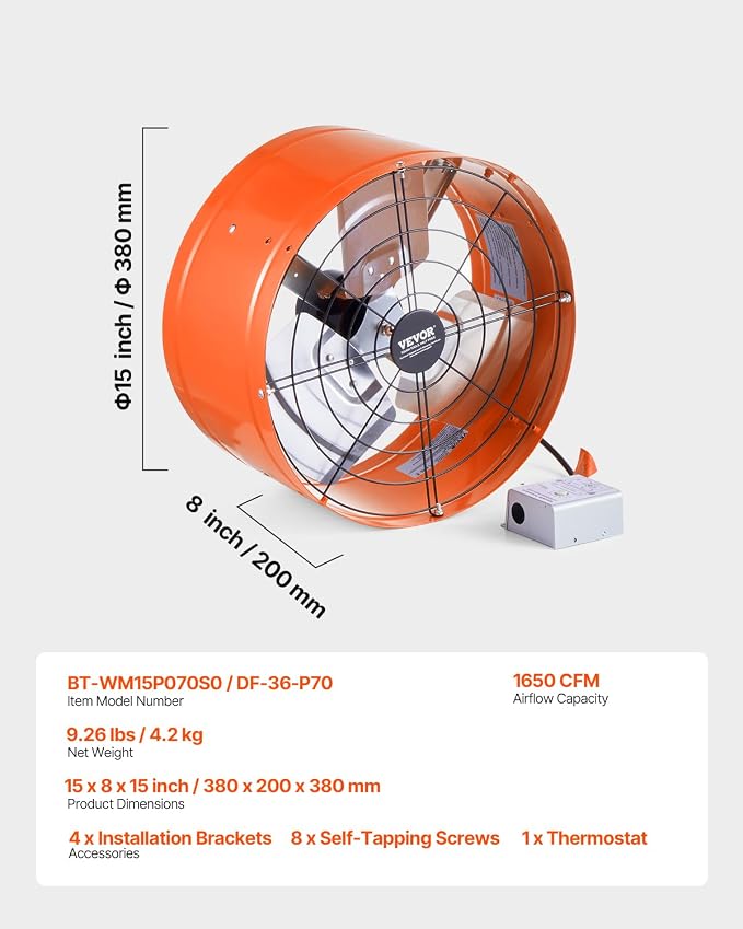 VEVOR Gable Mount Fan, 15 Inch Attic Exhaust Fan with Adjustable Thermostat & Outer Mesh, 1650 CFM House Ventilator Cools Up to 2360 Sq.Ft, Quiet Ventilation for Roof, Garage & Shop, Vibrant Orange