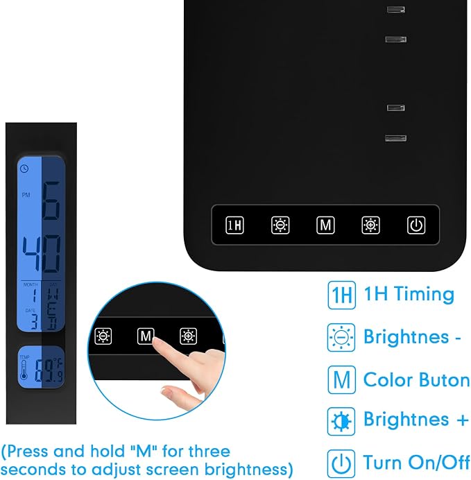 snsok Smart Desk Lamp with Dual USB Charging (Type-C/USB-A) & 2 AC Outlets, Digital Clock, Temperature Display, 5 Color Modes, 5 Brightness, Adjustable - for Office, Bedroom, Dorm Room, Study
