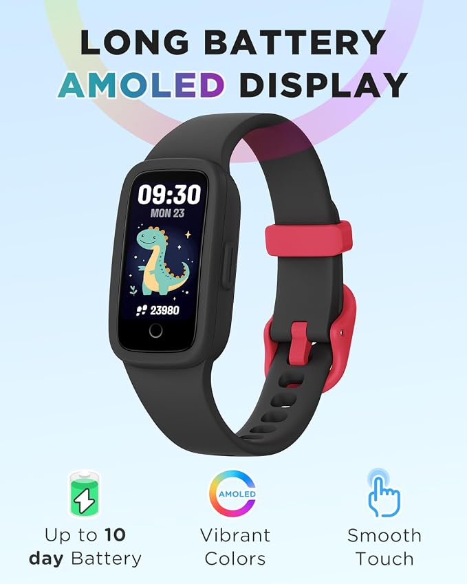 BIGGERFIVE Vigor 3 Kids Fitness Tracker Watch, AMOLED Screen, No App No Phone Needed, 3ATM Waterproof, Heart Rate and Sleep Monitor, Pedometer Watch, Sports Step Counter for Boys Girls Ages 5-15,Black