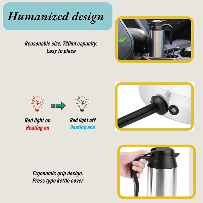 750ml Portable Electric Travel Bottle Car Electric Kettle for Heating Water Coffee Milk Tea Stainless Steel Car Water Boiler (12V Car Water Heating Kettle)