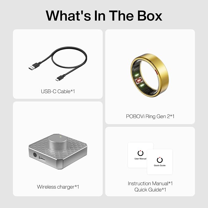 POBOVi Gen 2 Titanium Smart Ring for Women & Men, Sleep & Heart Rate Tracker, No Subscription, Size Before You Buy (Polished Gold, Size 11)