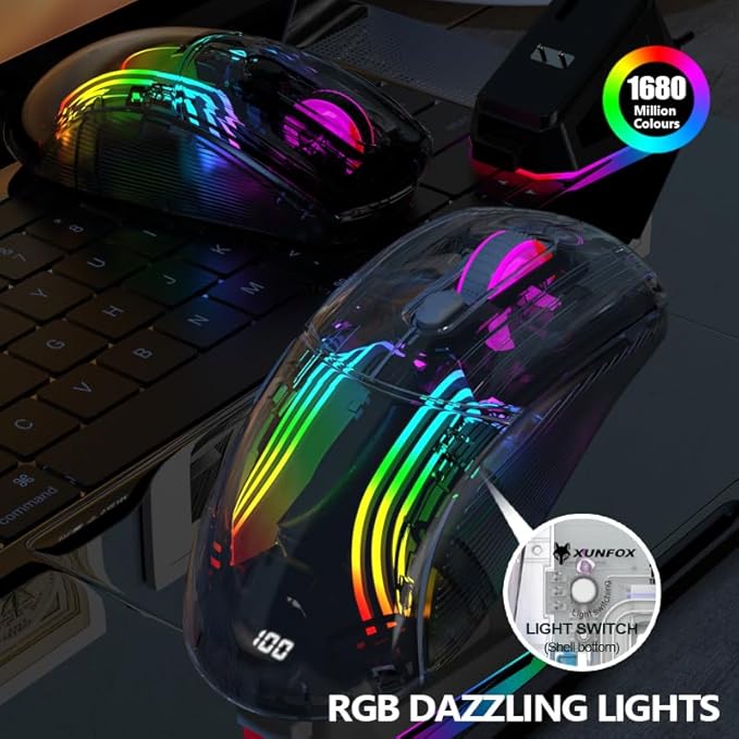 Wireless Gaming Mouse with Transparent RGB Mechanical, Tri-Mode 2.4GHz/Bluetooth/Wired Mouse, Charging Base, Digital Display,Silent Mice, 7 Buttons, Computer Mouse for Gaming and Esports (Black)