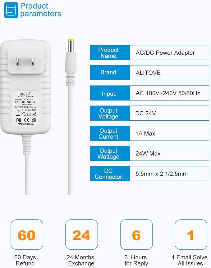 ALITOVE 24V 1A Power Supply 100~240V AC to DC 24 Volt 1 Amp 24W Converter 24 vdc 1000mA 800mA 600mA 400mA 200mA AC Adapter with 5.5mm x 2.5mm 2.1mm Plug for LED Strip Light CCTV Camera DC Pump, White
