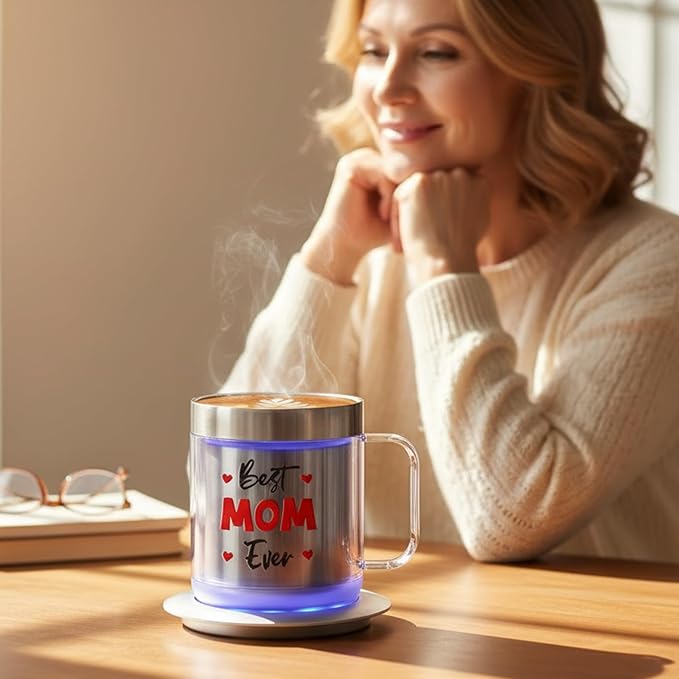 Mom Birthday Gifts, 12oz Self Heating Coffee Mug Featuring BEST MOM EVER, USB Electric Temperature Control Cup, Mothers Day Gift from Husband Daughter Son(Silver MOM-12oz)