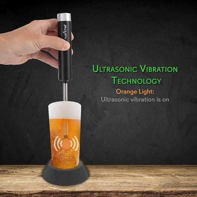 Portable Electric Ultrasonic Drink Frother - Battery Operated Handheld Beer Foam Maker Machine w/Stainless Steel Wand, 4.93 oz Glass - for Coffee, Milk, Cappuccino Latte - NutriChef PKBRFM32 (Black)