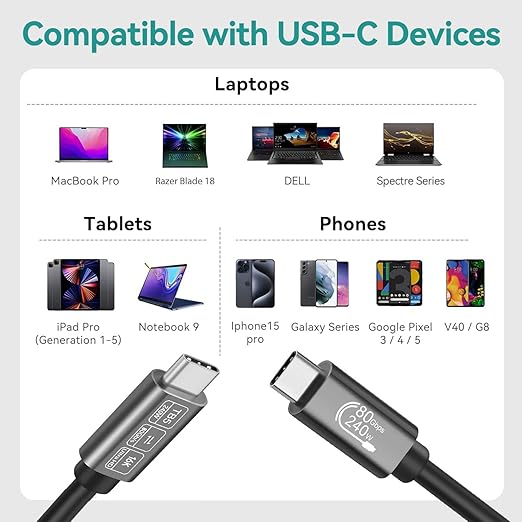 USB4 for Thunderbolt 5 Cable 3.3ft (1m) 80Gbps, 240W PD Fast Charging, 16K/8K Video, Compatible with MacBook Pro/Air, iPad Pro, Dell XPS, Surface Laptop, Galaxy Book