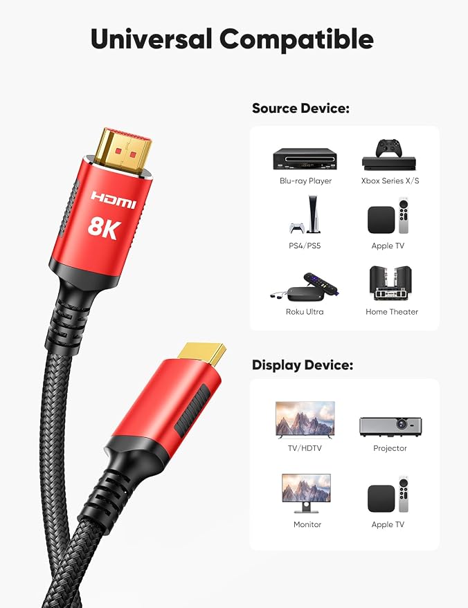 Snowkids 8K HDMI Cable 3.3FT/1M 2-Pack, Ultra High Speed 48Gbps HDMI Braided Nylon 2.1 Cord-4K120 144Hz 8K60Hz RTX 3090 eARC HDR10 4:4:4 HDCP 2.2&2.3 QMS VRR,Compatible for PS-5, PS-4, UHD TV and PC