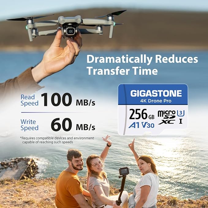 【Designed for Drone】 GIGASTONE 256GB Micro SD Card, 4K Drone Pro, MicroSDXC Memory Card for Security Camera, DJI Drone or Action Camera, 4K Video Recording, UHS-I U3 A1 V30, 100MB/s, with Adapter.