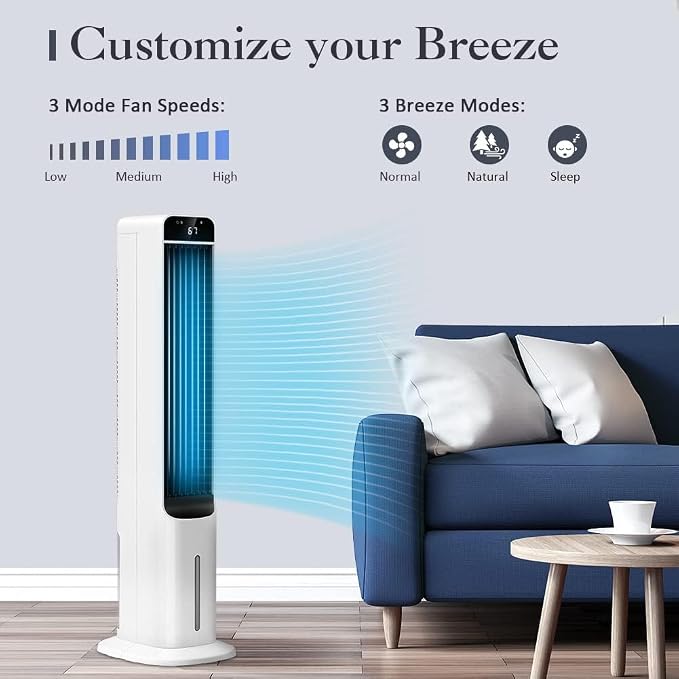 2-In-1 Evaporative Air Cooler Portable Windowless Air Conditioner Fan with Remote Control, Air Cooling Fan with 4 Ice Packs, 12H Timer, 50° Oscillation, 3 Speed Tower Fan for Home, Office