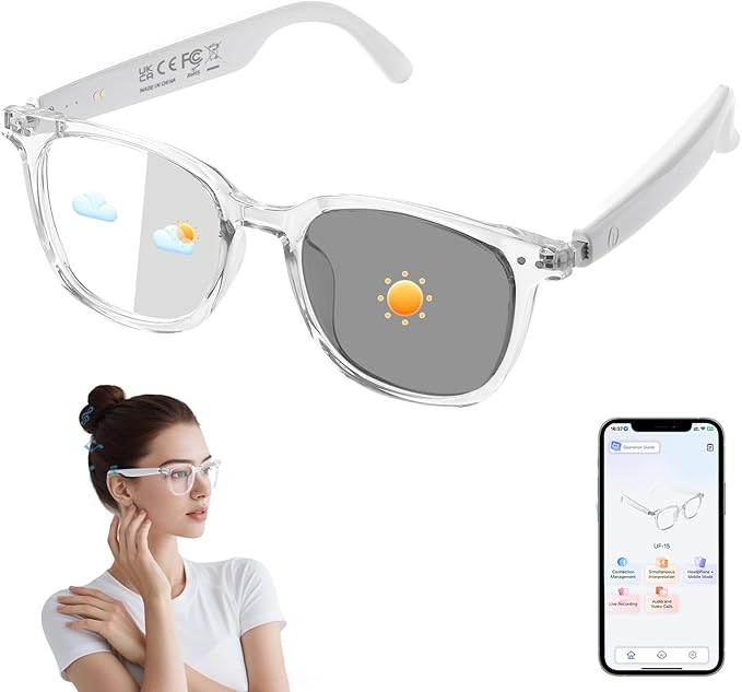 AI Smart Glasses, Bluetooth Translation Glasses for Men Women, Smart Audio Sunglasses with Real Time Translation(160+Languages), Photochromic Lenses, Music Blue Light Glasses for Travel Business-C