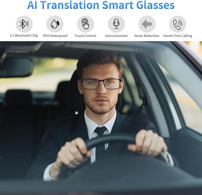 AI Glasses for Men Women Powered by ChatGPT, Bluetooth Smart Glasses with AI Translation(165+ Language), AI Noise Cancellation Via APP, Blue Light Filtering & Ultra-Slim Detachable Arms for Working