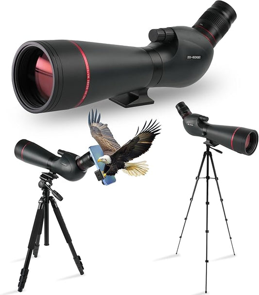 20-60X82 Spotting Scopes, Spotter Scope with Upgraded 27mm Eyepiece and 63in Tripod Phone Adapter, BAK4 IPX7 Waterproof Spotting Scope for Bird Watching Target Shooting Black