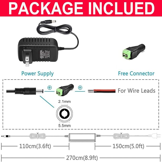 Power Supply, 5V Power Transformers, AC 100-240V to DC 5V 2A Power Supply LED Adapter, 10 Watt Max, for LED Strip Neon Rope String Lights, Computer Project, Recorder, TV Screen