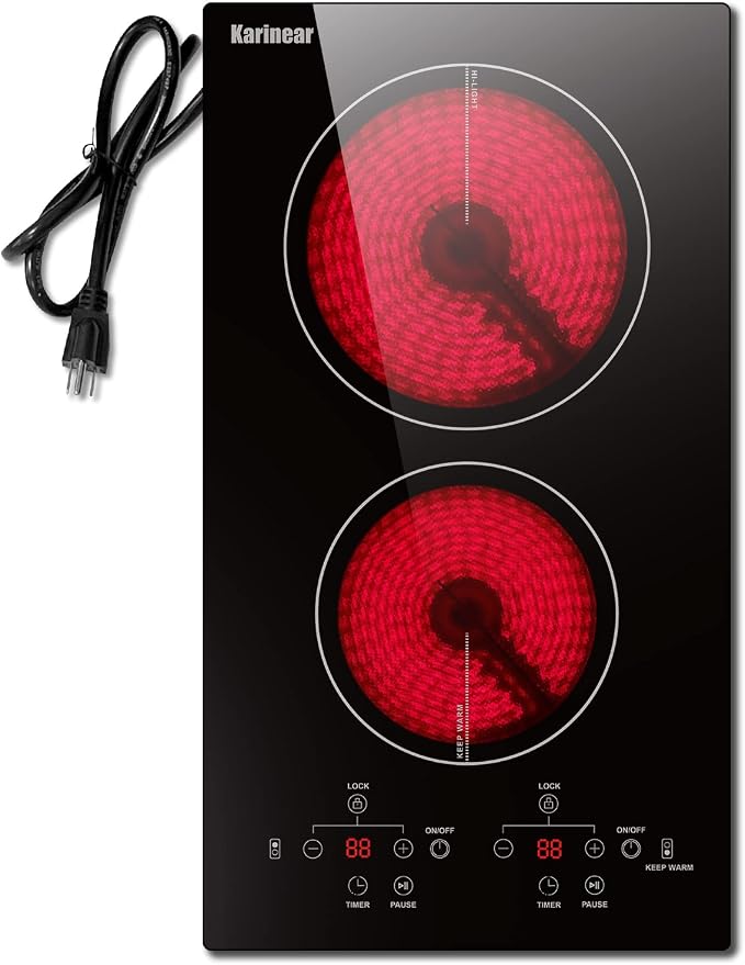 Karinear 2 Burners Electric Cooktop, 120v Plug in Ceramic Cooktop, 12 Inch Countertop & Built-in Electric Stove Top with Child Safety Lock, Timer, Over-Temperature Protection, Sensor Touch Control