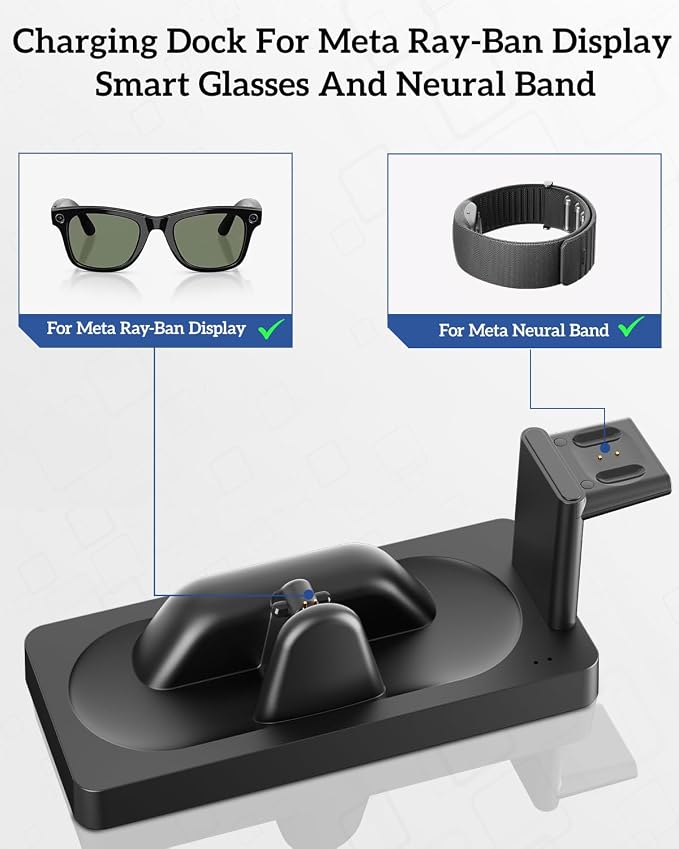 Charging Dock for Meta RayBan Display&Neural Band Smart Glasses Accessories | 3-in-1 Dock, One-stop Charging. Smart chip + Fast charging. Dual-Color LED Status. Contact Charging. Drop & Charge