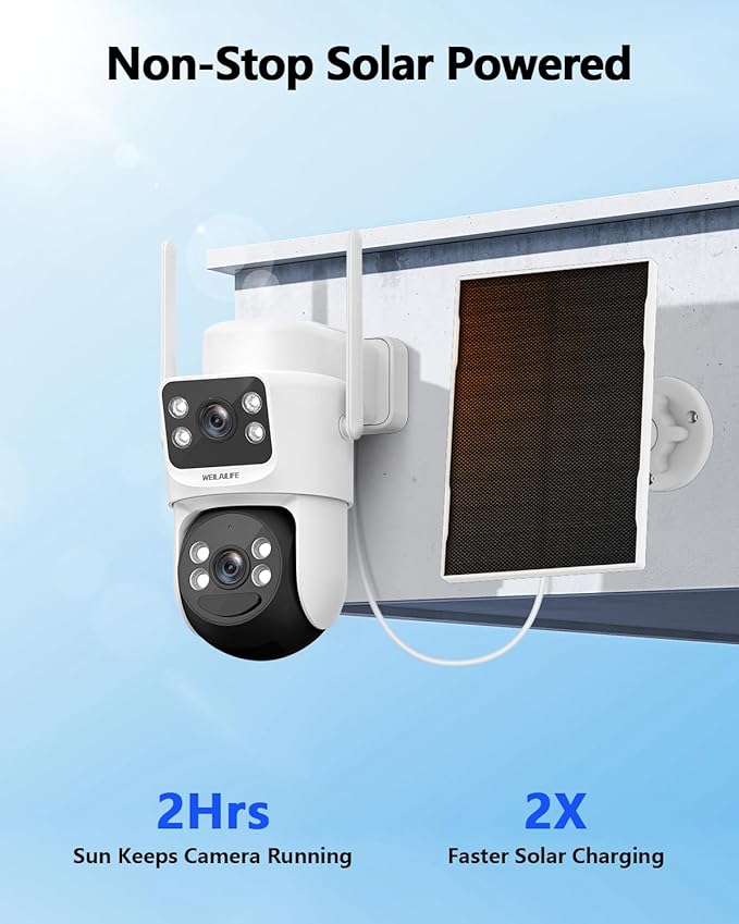 WEILAILIFE 【Auto Tracking & 2-Way Audio】 4MP Solar Powered Extend PTZ Camera, Wireless Outdoor Security Cameras, WiFi Home Video IP Camera(2 Pack)