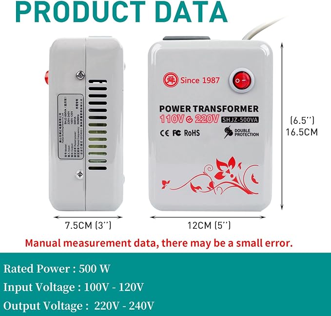SUNSHUN Step Up Transformer 110v to 220v, 500W Step Up Voltage Converter 110V-120V to 220V-240V Voltage Transformer with Temperture Control Protection for Europe Asia Appliances Used in US