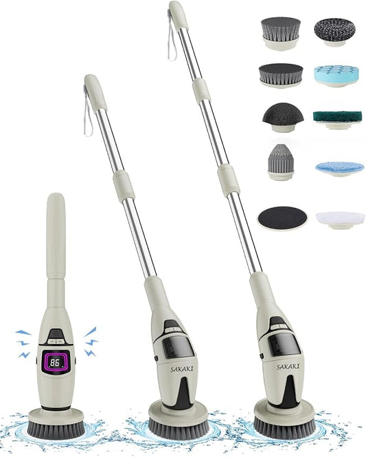 Electric Spin Scrubber Cordless Shower Cleaning Brush with 10 Replaceable Heads Powerful IPX7 Waterproof Bathroom Cleaner 3 Speeds Detachable Long Handle Voice Broadcast for Floor Car Kitchen