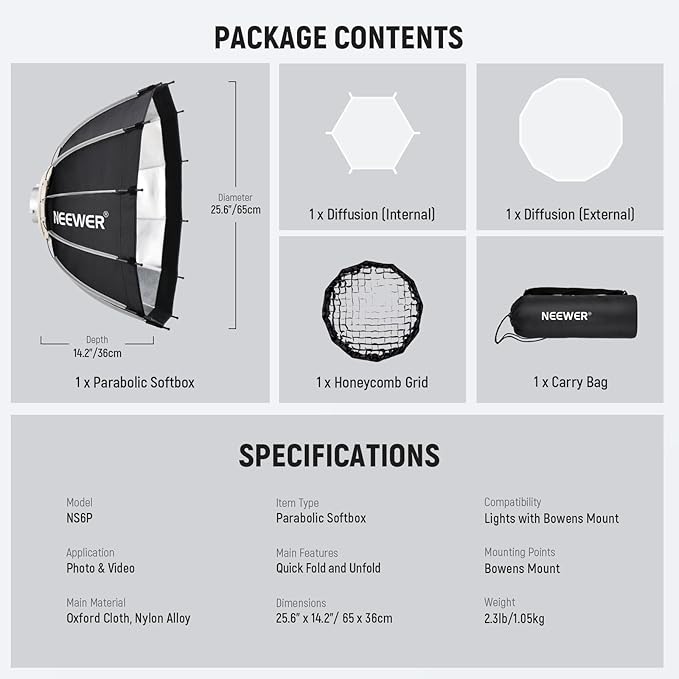 NEEWER 65 cm Bowens Mount Parabolic Softbox Dodecagon, Quick Release Soft Box with Diffusers/Grid/Bag for Video Light Strobe CB60 CB200B MS60C MS150B S101 Vision 4 Q4 Compatible with Godox, NS6P