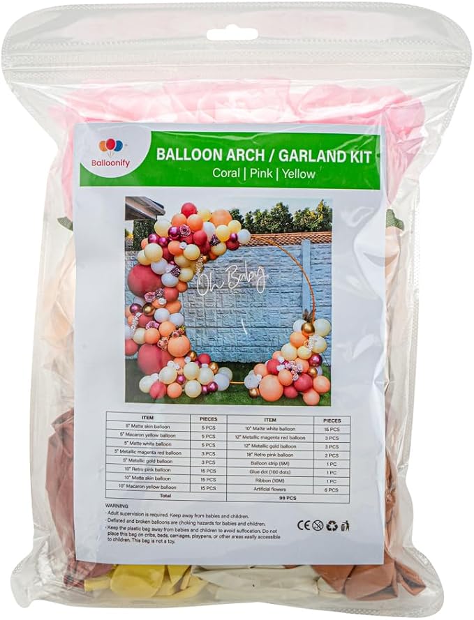 Restaurantware-Balloonify Balloon Garland Set, 1 Party Decoration Kit - 89 Balloons, With Chain, Coral, Pink, & Yellow Latex Balloon Arch Kit, With Glue Dots, Ribbon & Flowers
