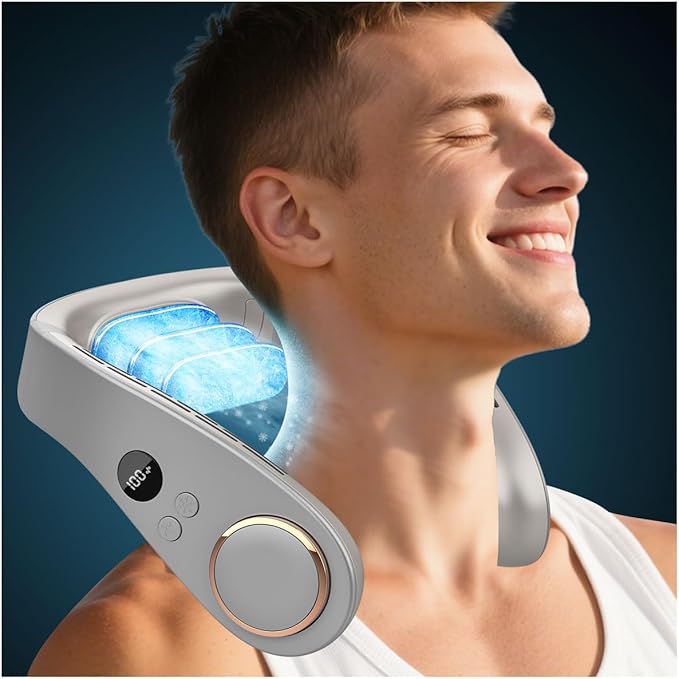 Portable Neck Fan Rechargeable,Cold Piece of Metal Neck Fans that Blow Cold Air,3-19.5hrs Long Lasting Silent Hangs Neckband Cooler,USB Rechargable Personal Head Body Wearable Conditioning Gray