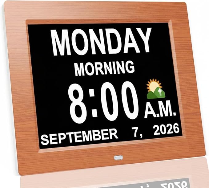 JALL 8" Large Digital Calendar Day Clock for Seniors 2026 - Easy to Read Alzheimer's Dementia Memory Loss Clock for Elderly with IPS Wide Angle，Day & Date, 12 Custom Alarms & Auto-Dimming, Wood