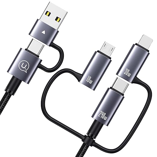 240W Multi Charging Cable, 4ft 6-in-1 USB C Cable Fast Charging Cords with USB-C/A Ports to IP/Type C/Micro Connectors for Pad/Cell Phones/Tablets/Laptop (Grey, 4ft)