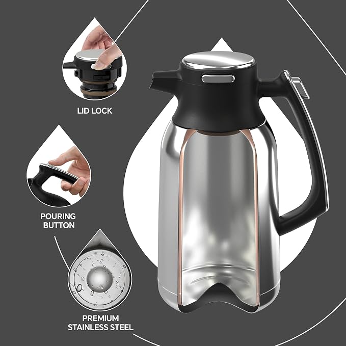 IDEUS Thermal Coffee Carafe, Stainless Steel Double Wall Insulated Vacuum Flask, Water Jug Coffee Server and Beverage Dispenser, Heat and Cold Retention (Black, 68, Fluid Ounces)