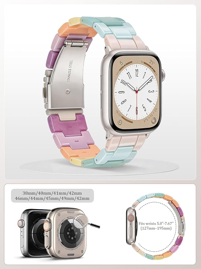 V-MORO Resin Bands Compatible with Apple Watch Series 11/10/9/8/7 Band 45mm 46mm Starlight Buckle Lightweight Fashion Strap Bracelet for iwatch Series SE/6/5/4/3/2/1(Bonbon Rainbow,42/44/45/46/49mm)