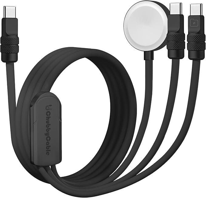 chubbycable Tri-Flex 3 in 1 USB C Cable for Apple Watch Charger Silicone 100W Multi Charging Cable Fast Charge Compatible with iPhone 17-15 Series Apple Watch iPad MacBook AirPods, 4.1FT, All Black