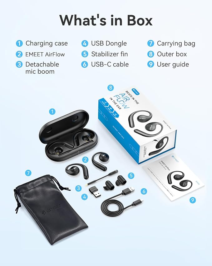 EMEET AirFlow Open Ear Headphones with Mic, Bluetooth 5.3 Wireless Headsets with Detachable Microphone, ENC Noise Cancelling, Multipoint Pairing, Ultra Comfort, Wireless Earbuds for Work, home, office
