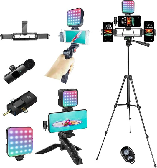 Vlogging Kit for iPhone,Vlogging Kit for Andriod Phone,Vlogging Camera Kit,with Tripod 60" / Multiple Holders/RGB Light/Lavalier Mic/Remote