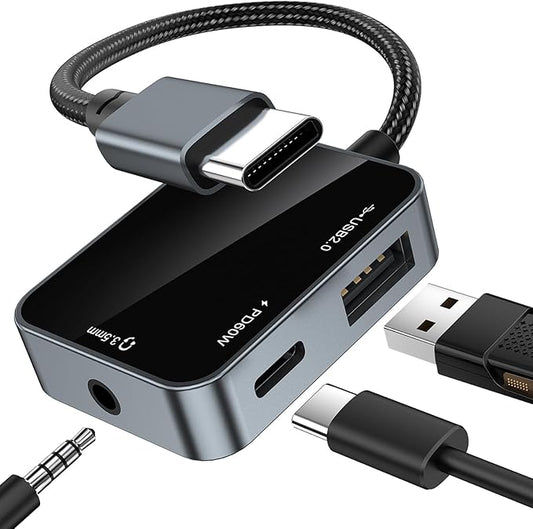 USB C to 3.5mm Audio Adapter 3-in-1 USB-C Headphone Adapter with USB OTG Data Port & 60W PD Charging, Type-C Aux to 3.5mm Converter Compatible with iPhone 17/16/15, Samsung Galaxy, Pixel, iPad