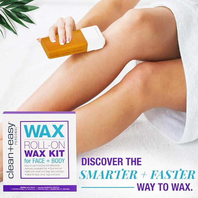 Clean + Easy Roll on Wax Kit – Hair Removal System with Dual Electric Warmer, Cartridges & Strips, At-Home Wax Roller Kit, 120V