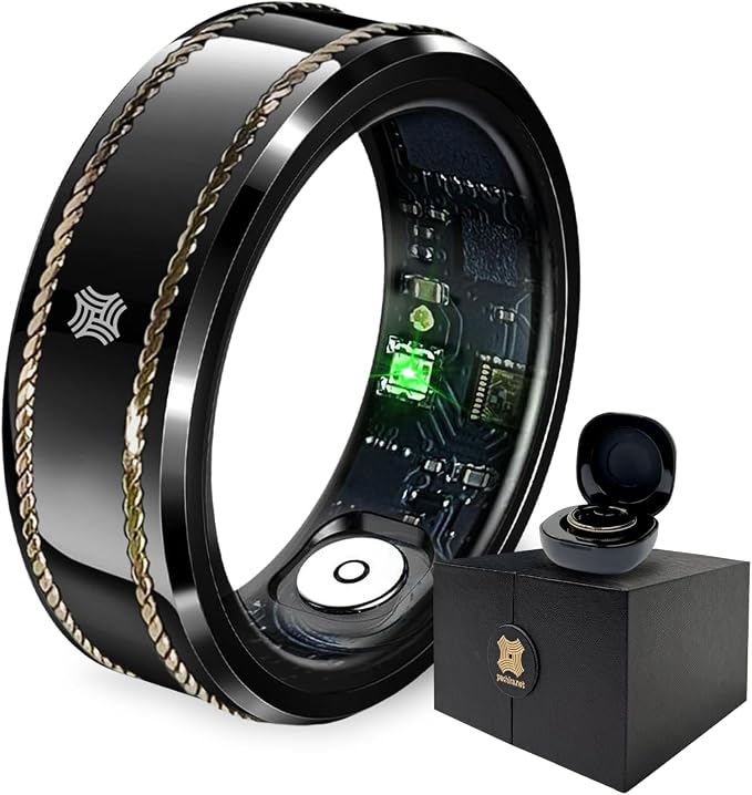 Pachira Smart Ring, Dual 14K Gold Inlays, Fitness/Sleep/Stress/Heart Rate/SpO2 Tracker, No App Subscription, 7-Day Battery Life, Size Before You Buy, Black (US Size 9.25)