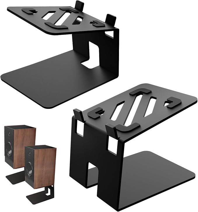 Desktop Speaker Stands, Metal Bookshelf Speaker Stands with Vibration Absorption Pads, Studio Monitor Stand Support 30lbs, 7° Incline Computer Speaker Stand, Better Audio Experience, Black