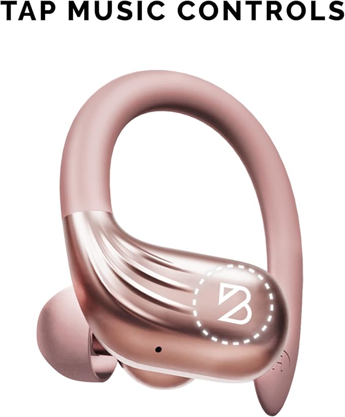 Back Bay Audio Runner 60 - Rose Gold Wireless Running Earbuds, 80 Hour Long Battery Life Over the Ear Earbuds with EarHooks, Wrap Around Ear Buds Wireless Bluetooth Earbuds with Microphone