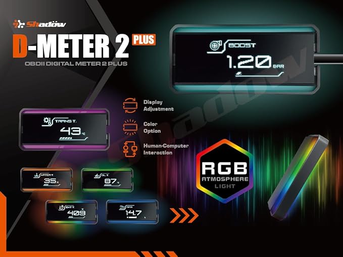 Shadow OBD2 Display D-Meter 2 Plus - Minimalist & Futuristic Multi-Functional Gauge with RGB Accent Light, Sleek Black Frame, DTC Scan & Clear, High-Tech Design for 12V/48V Cars