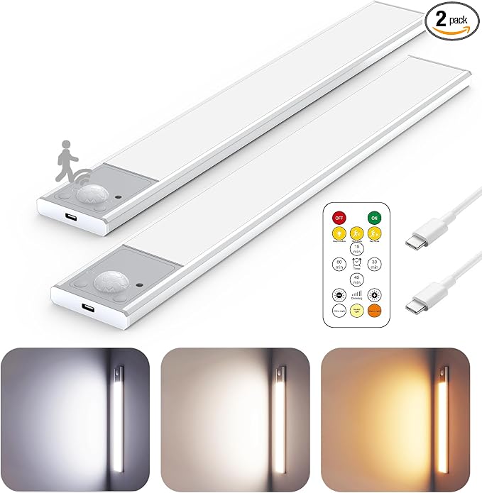 12" Ultra-Thin Under Cabinet Lighting Wireless, Aluminum Alloy Under Counter Lights for Kitchen, 3-Color-Temps Magnetic Closet Lights, Rechargeable Motion Sensor Light Indoor (2Pack, Silver)