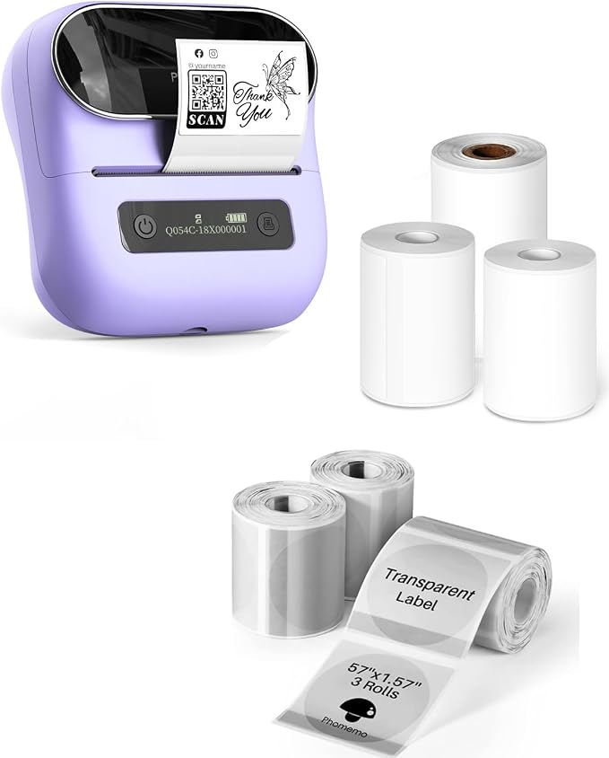 Phomemo M220 Label Maker Purple + with 4 Roll Label, 3.14 Inch Bluetooth Thermal Label Printer for Barcode, Address, Labeling, Mailing, File Folder Label, Easy to Use, Support Smartphone, Tablet&PC