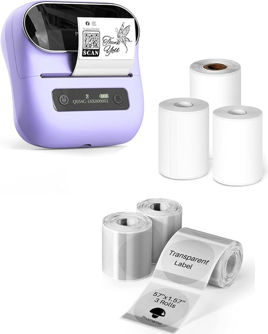 Phomemo M220 Label Maker Purple + with 4 Roll Label, 3.14 Inch Bluetooth Thermal Label Printer for Barcode, Address, Labeling, Mailing, File Folder Label, Easy to Use, Support Smartphone, Tablet&PC
