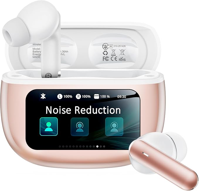 Wireless Earbuds with Smart Touchscreen Case, Bluetooth 6.0 Ear Buds with AI Noise Cancelling Calls, 40H Playtime Stereo Headphones, IPX7 Waterproof Earbuds for Workout, Travel,iPhone,Android,Rose