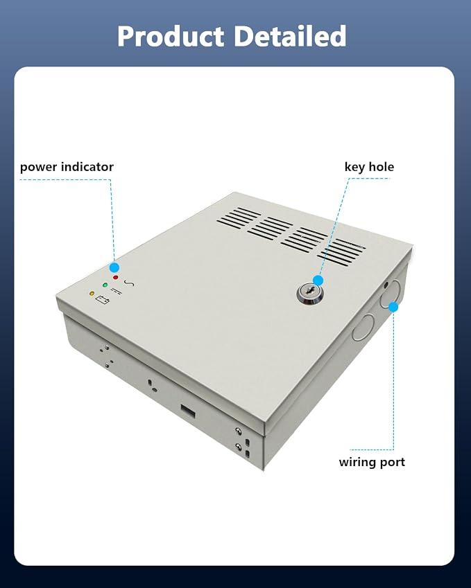 9 Channel 12V DC 5 Amp Output CCTV Distributed Power Supply Box with AC Plug and Lock for Security Cameras and DVRs (5A 9-Channel)