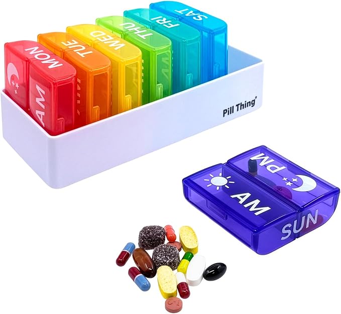 Large Weekly Pill Organizer AM PM, 2 Times a Day Pill Box with Extra-Large Compartments, 7 Day Color-Coded Cases, Secure Snap-in Tray, BPA Free (2X a Day - 1 Pack)